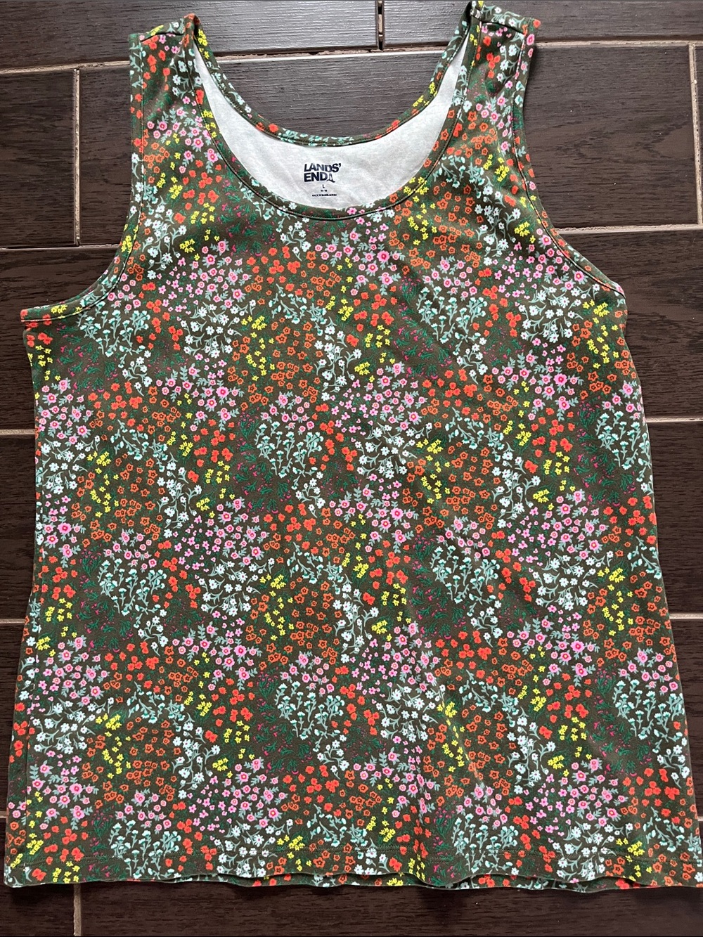 Lands' End Olive Floral Tank with Pink, Red and Mint Accents